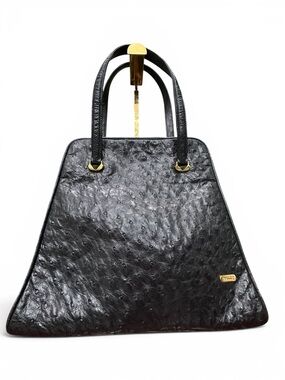 Vintage Bally Genuine Ostrich Leather Bag Italy Black Structured Tote Crossbody